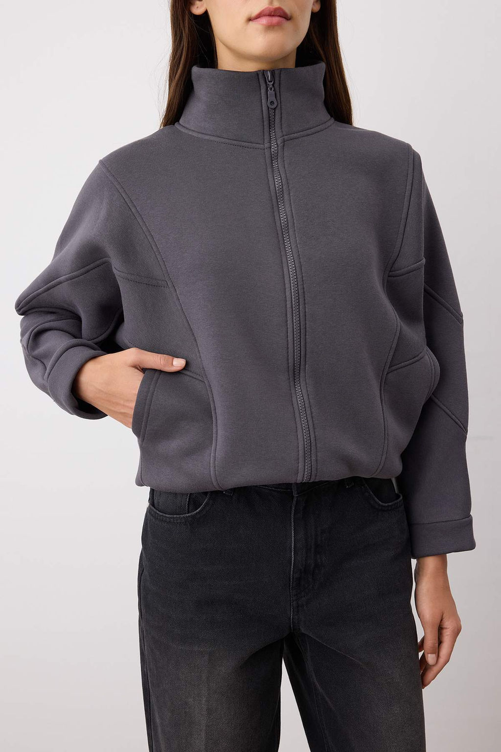 Antrasit Fermuarl? Dikis Detayl? Dik Yaka Bomber Orme Sweatshirt TWOAW26SW00037