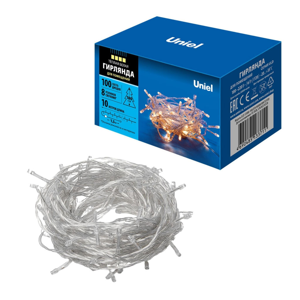 ULD-S1000-100/DTA WARM WHITE IP20 Гирлянда светодиодная, 10м. 100 светодиодов. Теплый белый свет. Провод прозрачный. ТМ Uniel