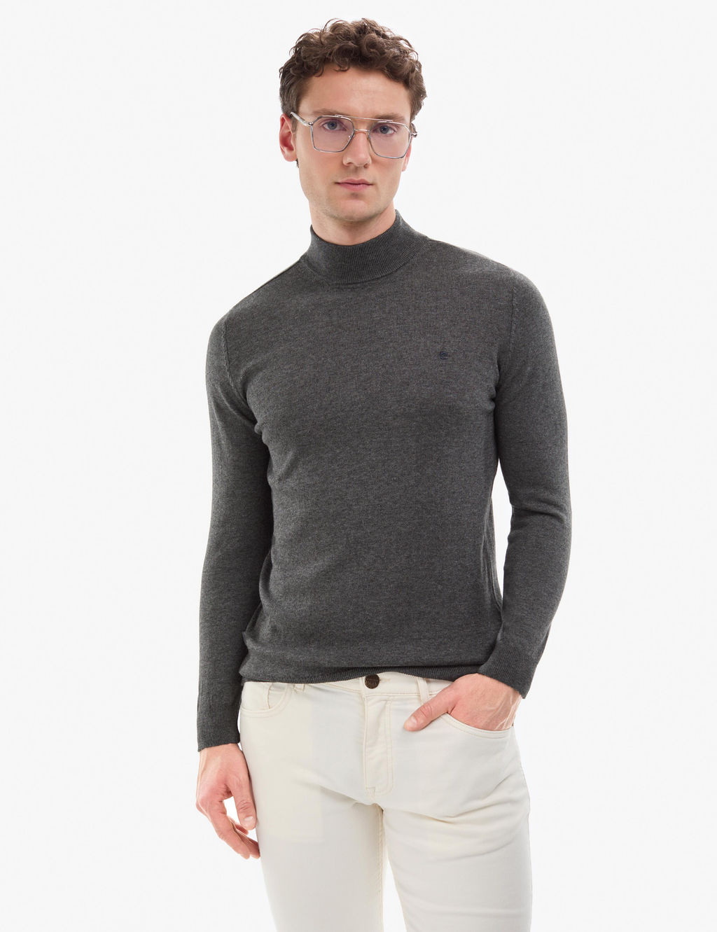 Antrasit Melanj Slim Fit Yar_m Bal_k__ Yaka Basic Triko Kazak