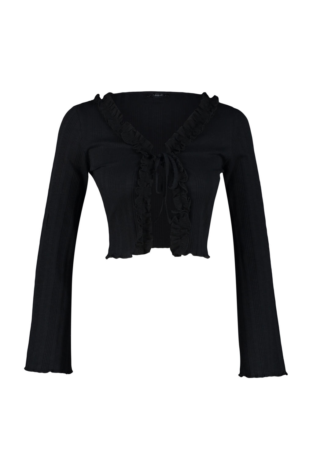 Trendyolmilla Siyah F?rf?r Detayl? Onden Baglamal? Fitilli Esnek Crop Orme Bluz TWOAW24BZ00109