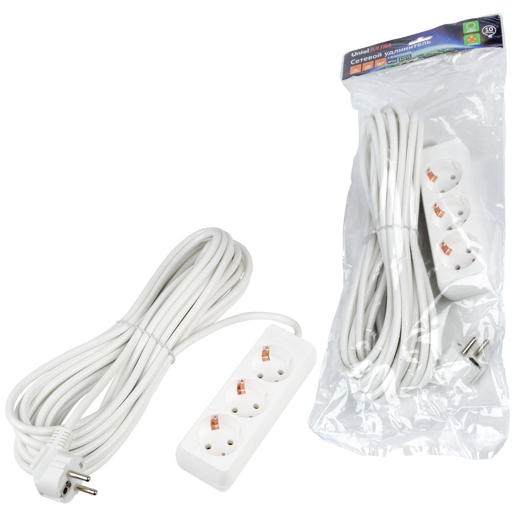 S-GCU3-10 WHITE Удлинитель серии Ultra, шнур 10м., 3 гнезда, 16A, с/з. Белый. TM Uniel