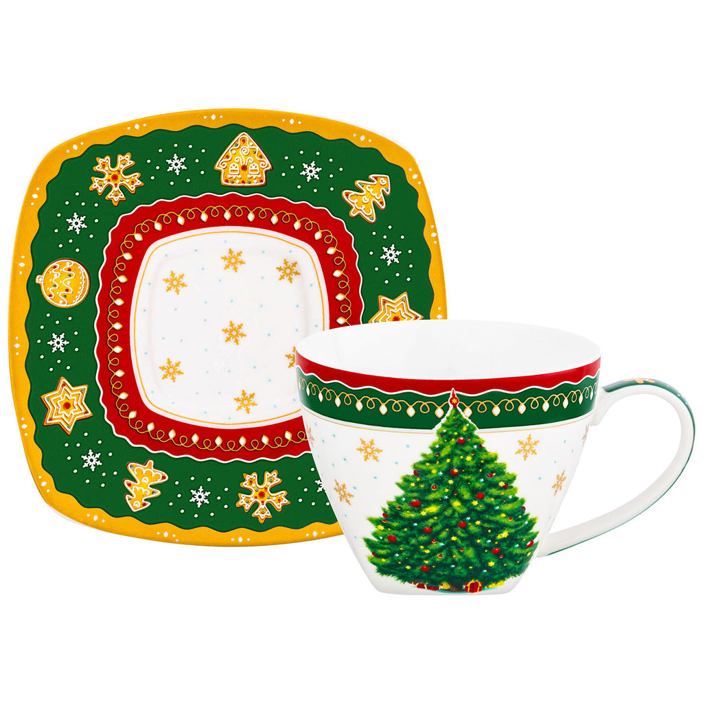 Чайная пара 2 пр. 250 мл 11,5*9*7,5 см "Новогодняя елка" зеленый узор NEW BONE CHINA