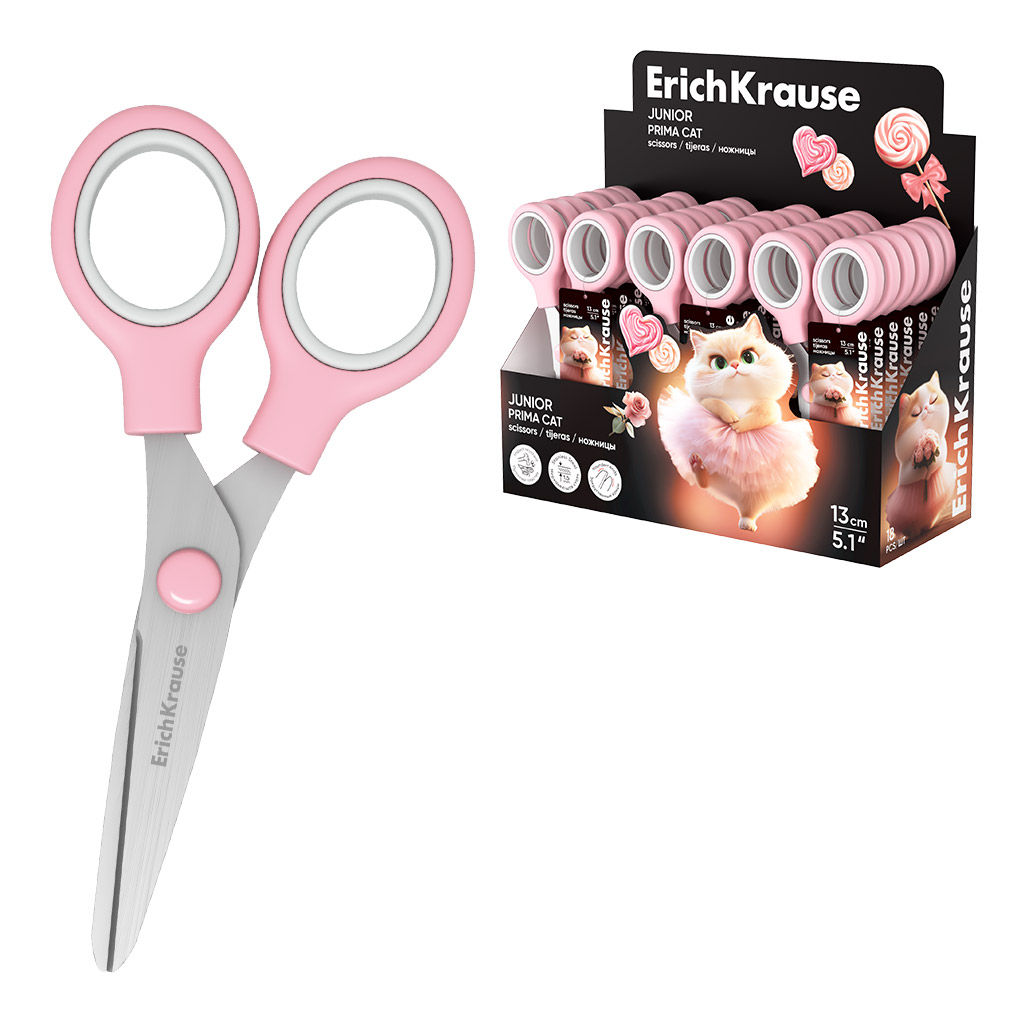 Цена за 18 шт. Ножницы ErichKrause Junior Prima Cat, 13см, розовый (в коробке-дисплее по 18 шт.)