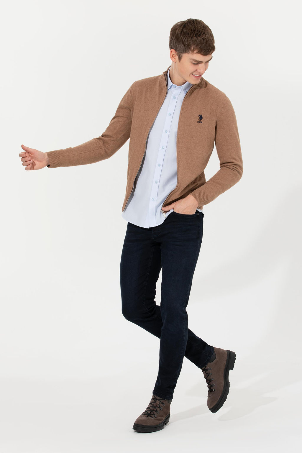 Мужской базовый трикотажный кардиган цвета Camel Melange Неожиданная скидка в корзине - U.s. polo assn фото 4