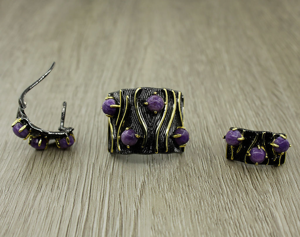 Комплект Чара-51, чароит, покрытие под золото, размеры кольца: 17, 18, 19, 20 - Agat77 фото 3