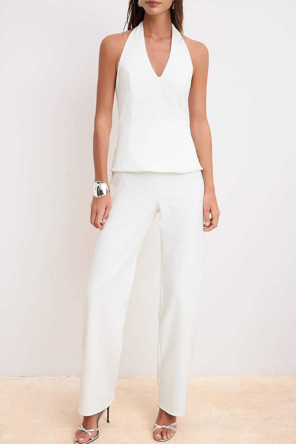 Ekru Duz V Yaka Kolsuz Dokuma Finike S?k/Gece Tulum