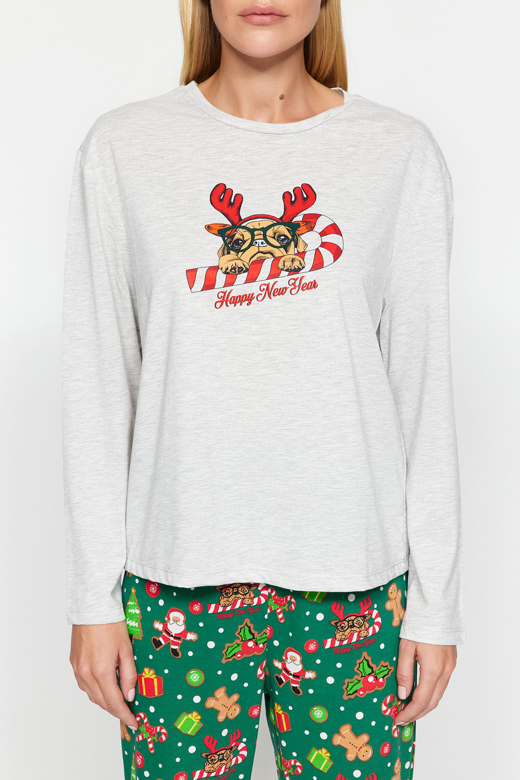 Gri Melanj %100 Pamuklu Y?lbas? Temal? Orme Pijama Tak?m? THMAW24PT00058