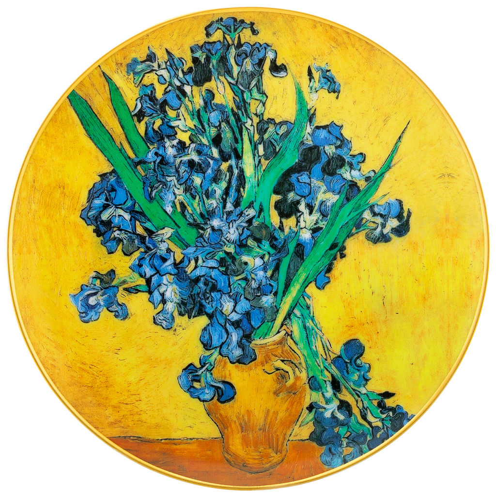 Тарелка декор. 20*20*2 см "Ирисы в вазе" с золотой каймой, круг + крючок + подставка