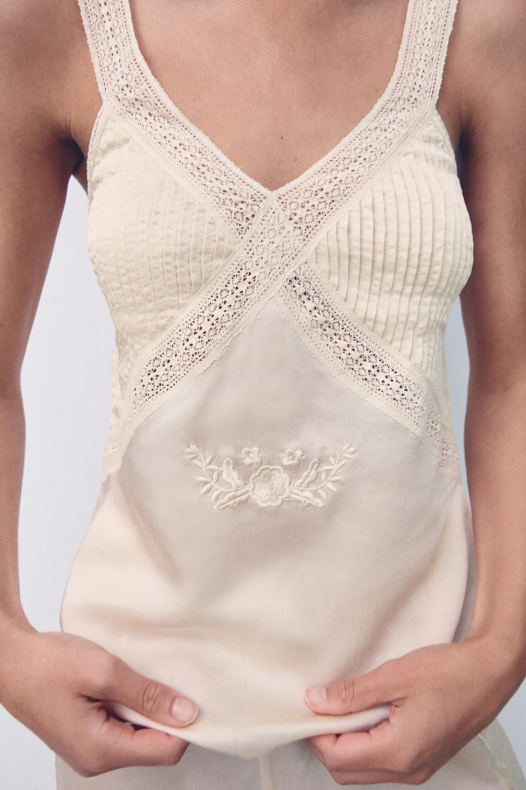 SATIN TOP WITH EMBROIDERY AND LACE TRIM - Zara фото 2
