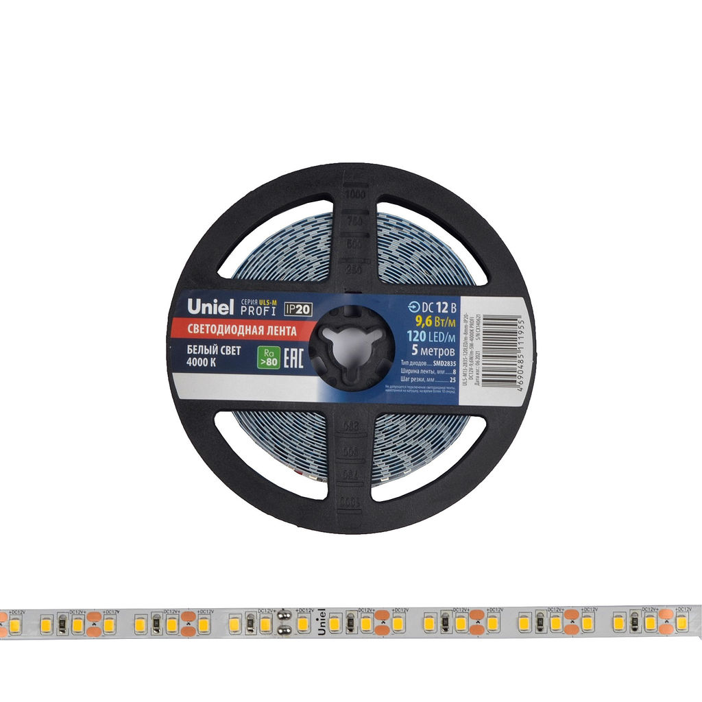 ULS-M13-2835-120LED/m-8mm-IP20-DC12V-9,6W/m-5M-4000K PROFI Гибкая светодиодная лента на самоклеящейся основе. Катушка 5м. в герметичной упаковке. Белый свет(4000К). ТМ Uniel.