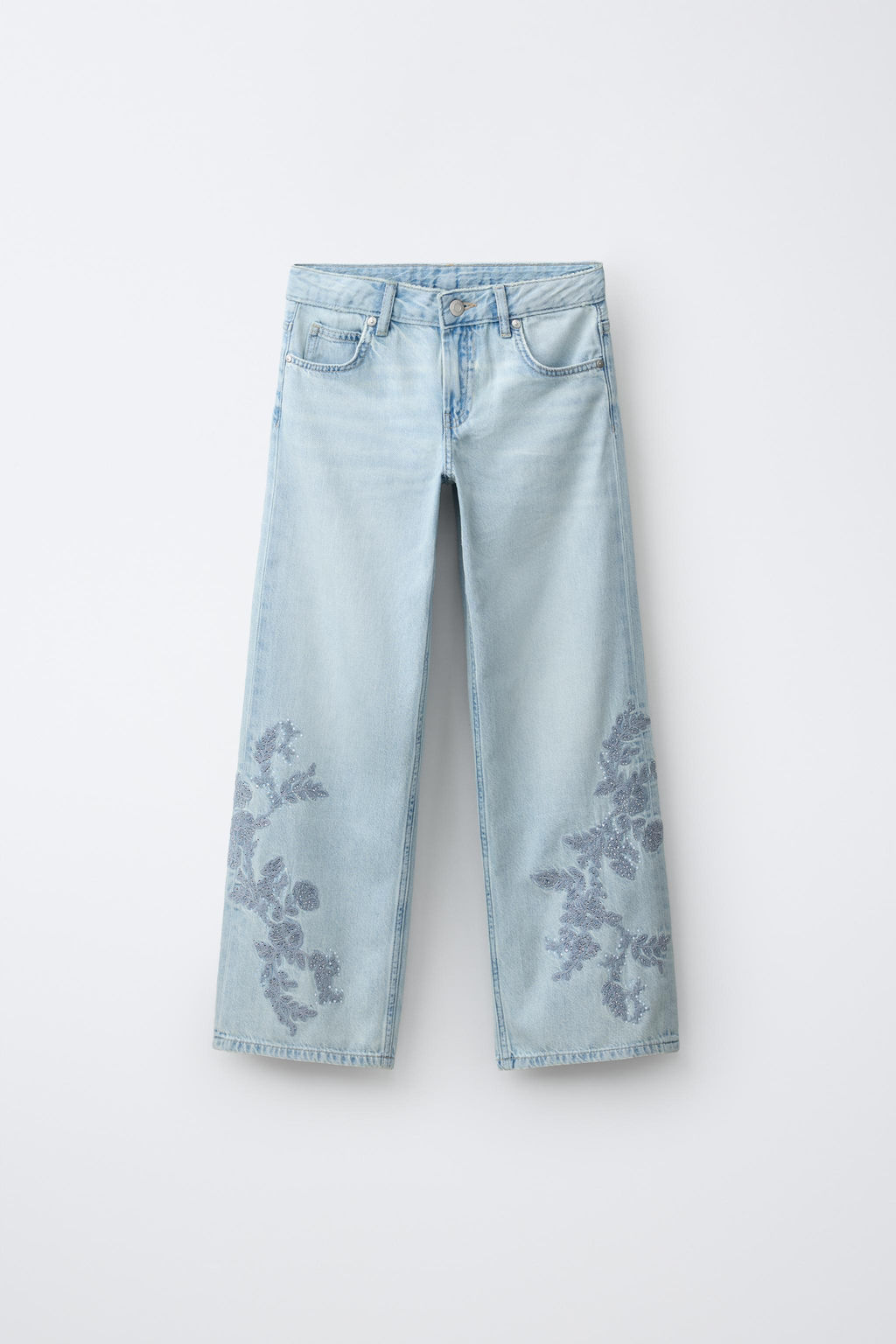 JEANS WIDE LEG FLORES BORDADAS STRASS / Azul