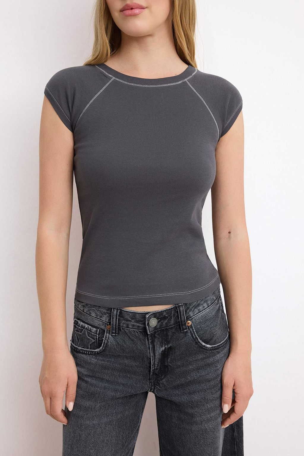 Antrasit Fitted/Vucuda Oturan Reglan Kol K?sa Kollu Ribana/Kaskorse Orme Bluz TWOSS26BZ00618