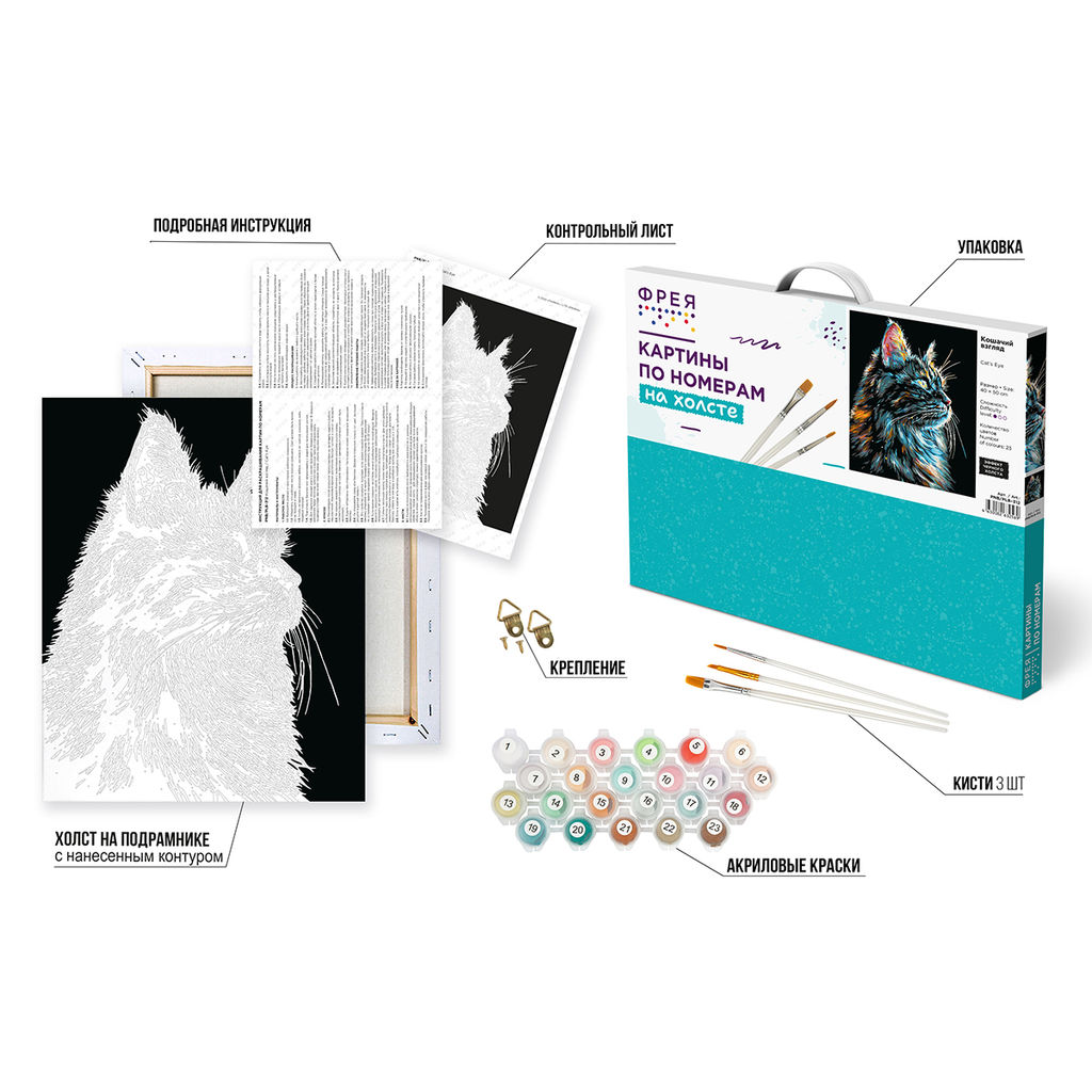 ФРЕЯ PNB/PLB-312 Набор для раскрашивания по номерам ( эффект черного холста ) 50 х 40 см Кошачий взгляд