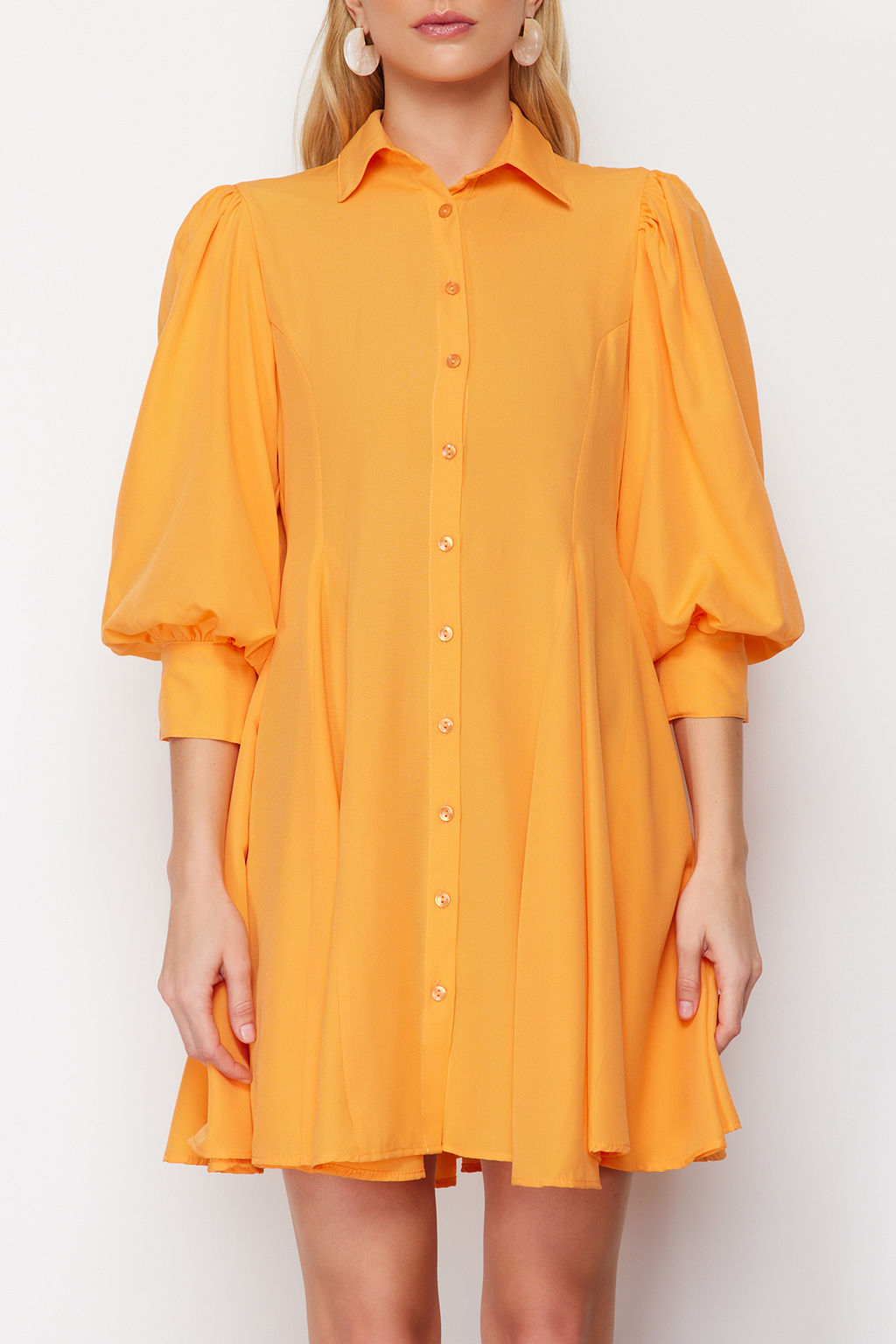 Turuncu Etegi Parcal? Dokuma Mini Gomlek Elbise TWOSS24EL00428 - Trendyolmilla фото 5