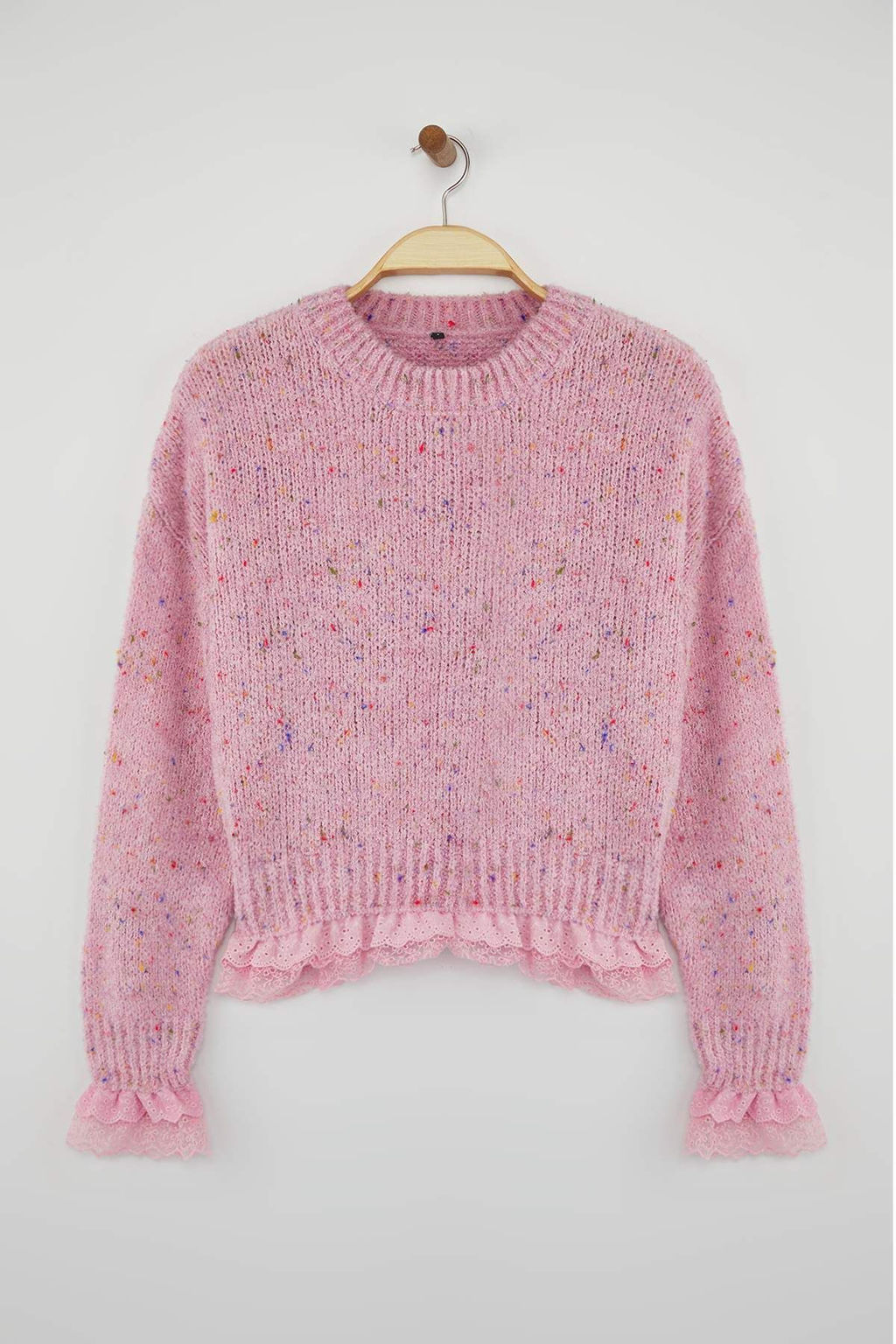 Pembe Nopeli Genis Kal?p Dantel Garnili Triko Kazak TWOAW26KZ00058 - Trendyolmilla фото 5