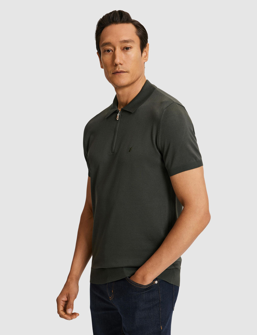 Haki Slim Fit Fermuarl_ Polo Yaka Triko T-shirt