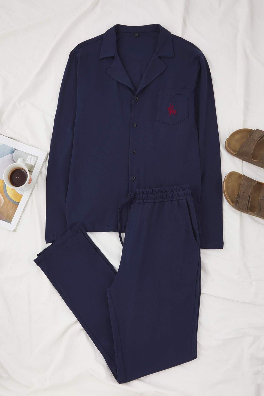 Lacivert Regular At Nak?sl? Gomlek-Pantolon Orme Pijama Tak?m? TMNAW26PT00003