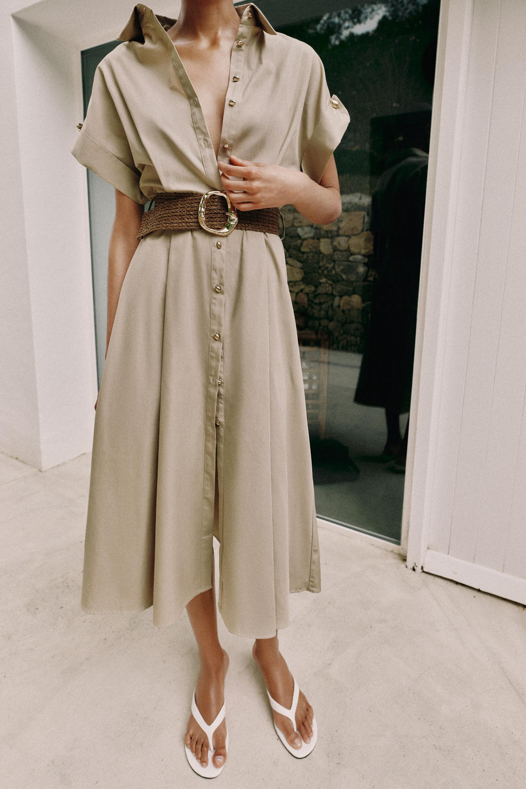 VESTIDO MIDI POPEL?N CINTUR?N / Beige claro - Zara фото 2