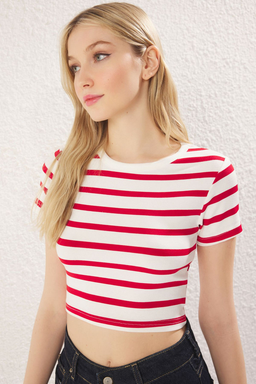 Trendyolmilla Premium Tas Ekru Cizgili Viskoz/Yumusak Kumas Crop Bisiklet Yaka Esnek Orme Bluz TWOSS23BZ00198 фото 54