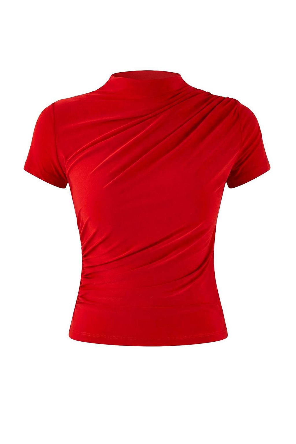 K?rm?z? Drapeli Fitted/Vucuda Oturan K?sa Kollu Dik Yaka Esnek Orme Bluz TWOSS24BZ00426