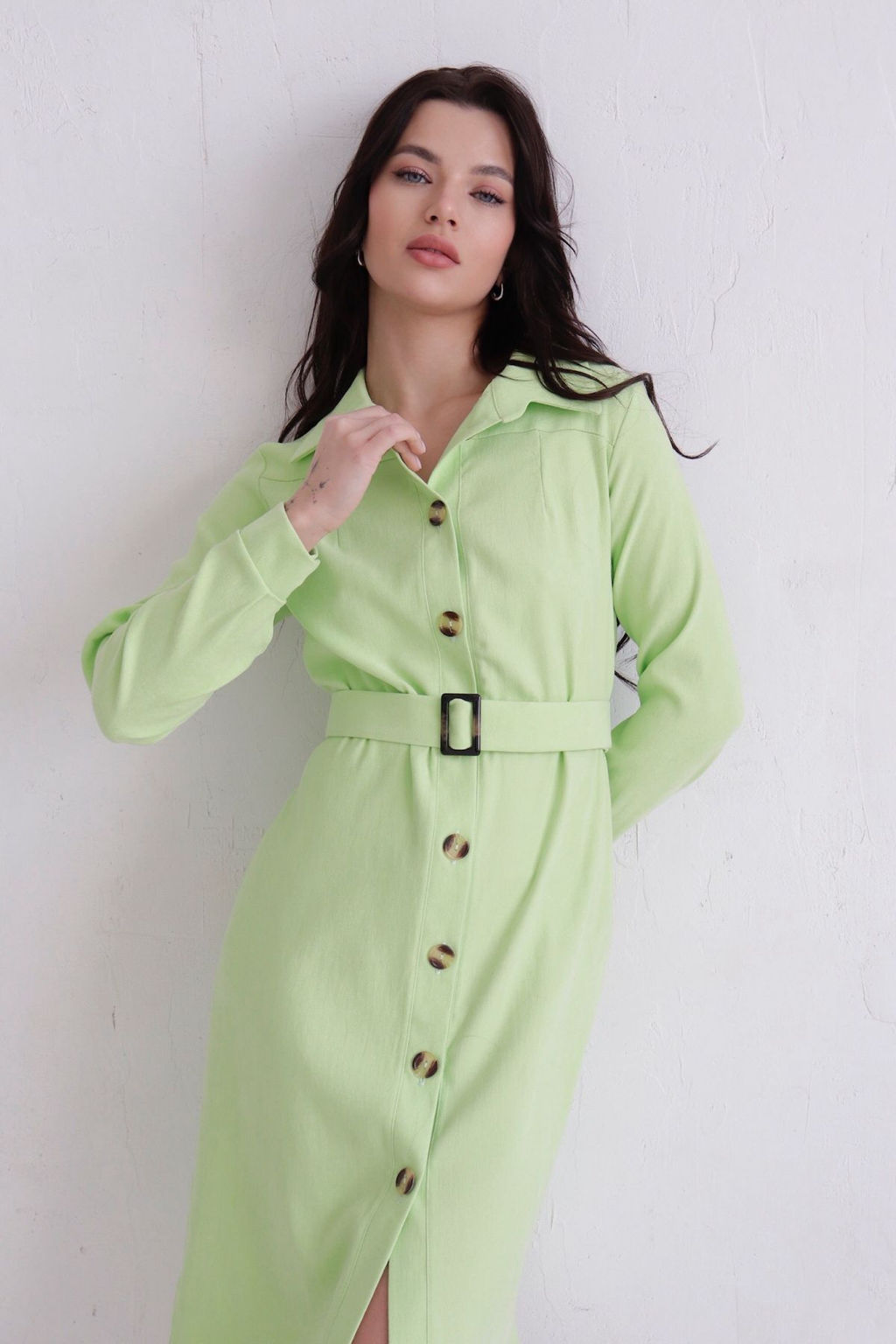 Платье-рубашка из микровельвета салатовое - Martichelli фото 10