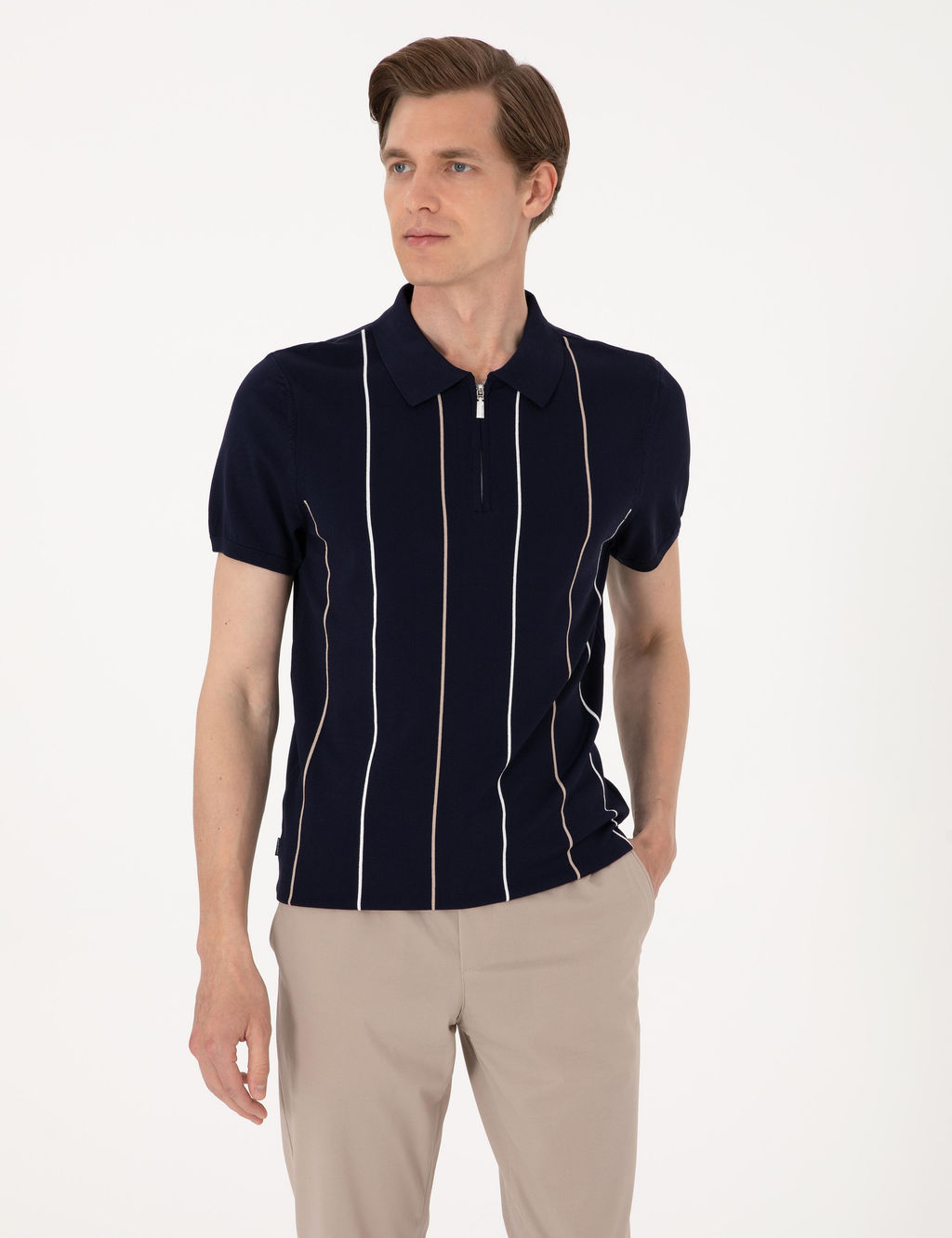 Lacivert Slim Fit Polo Yaka Fermuarl_ Triko Ti__rt