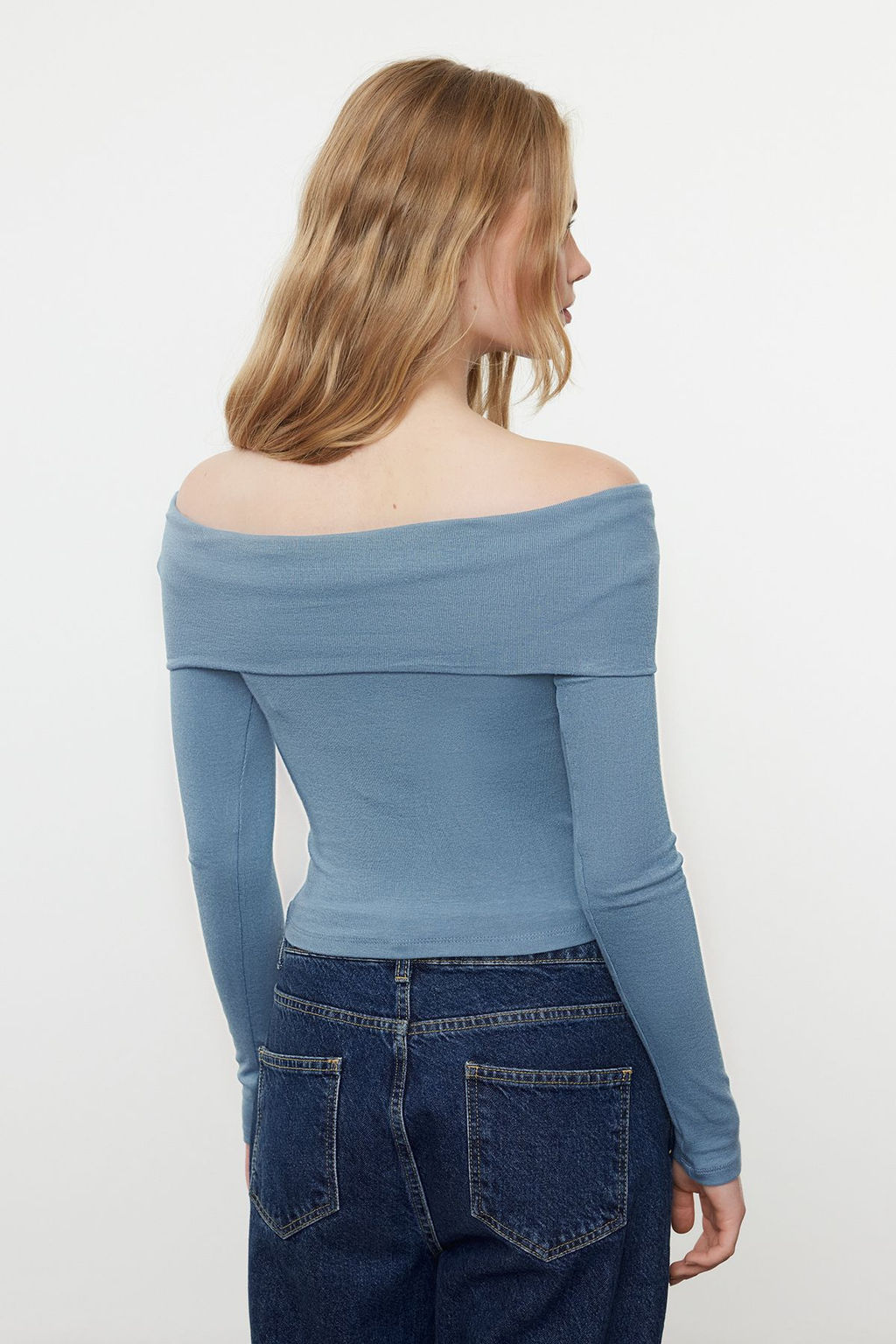 Indigo Carmen Yaka Crop/K?sa Esnek Orme Bluz TWOAW25BZ00008