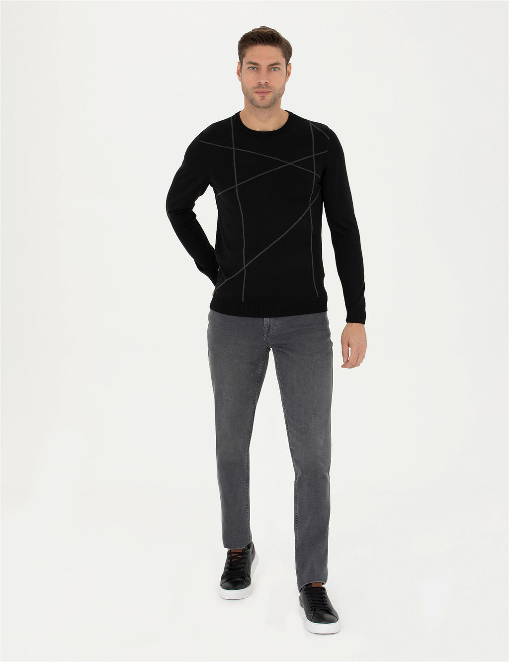 Siyah Slim Fit Bisiklet Yaka Y_n Kar___ml_ Triko Kazak - Pierre cardin фото 4