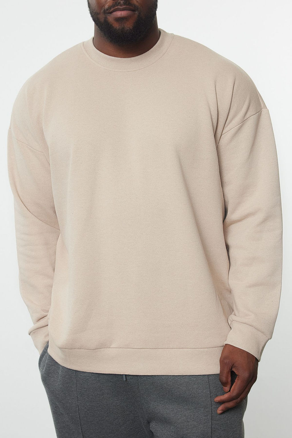 Bej B_y_k Beden Bisiklet Yaka Oversize/Geni_ Kesim S_rt Bask_l_ __i Polar Sweatshirt TMNAW24AO00004