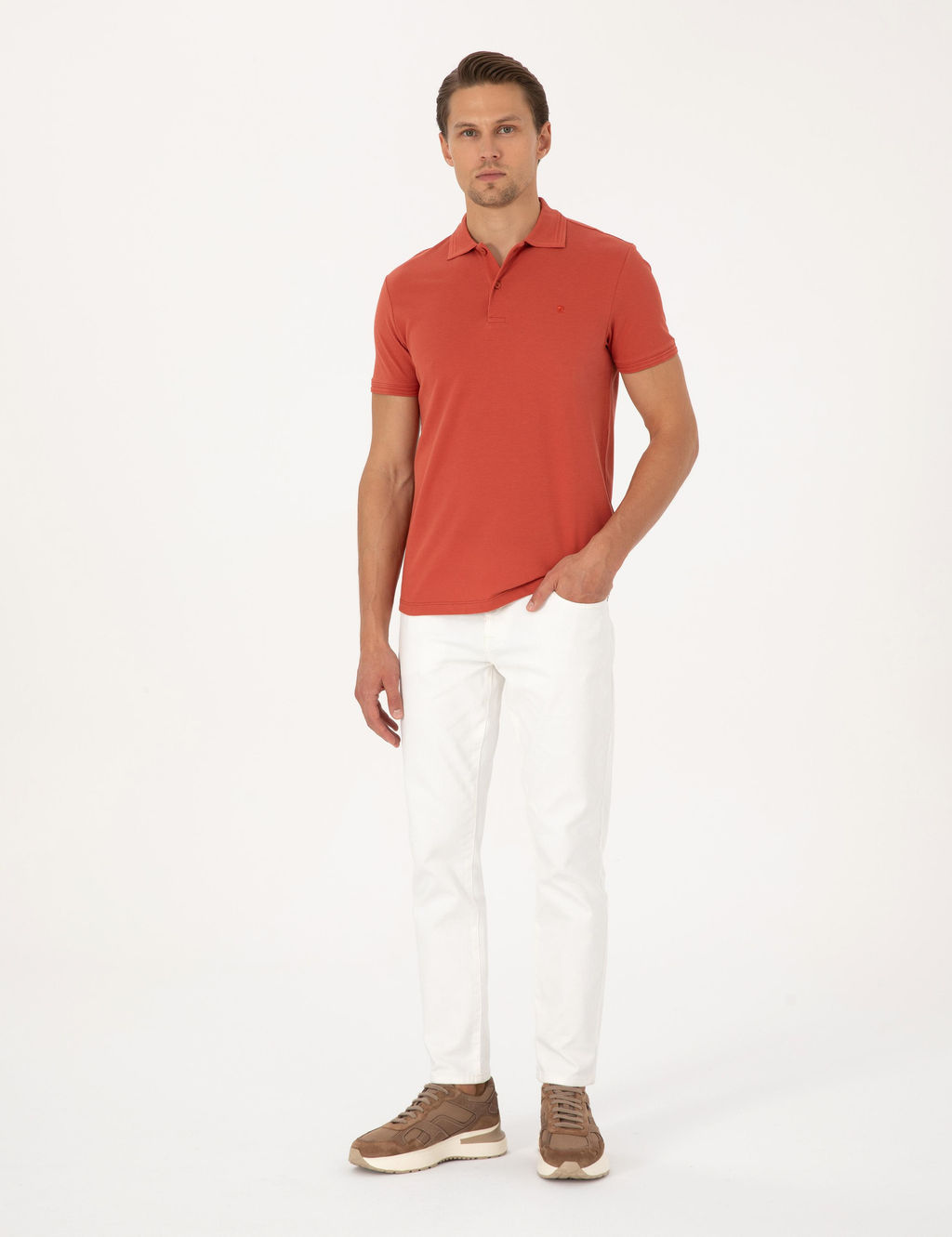 Kiremit Slim Fit %100 Pamuk K_vr_lmaz Polo Yaka Basic Ti__rt