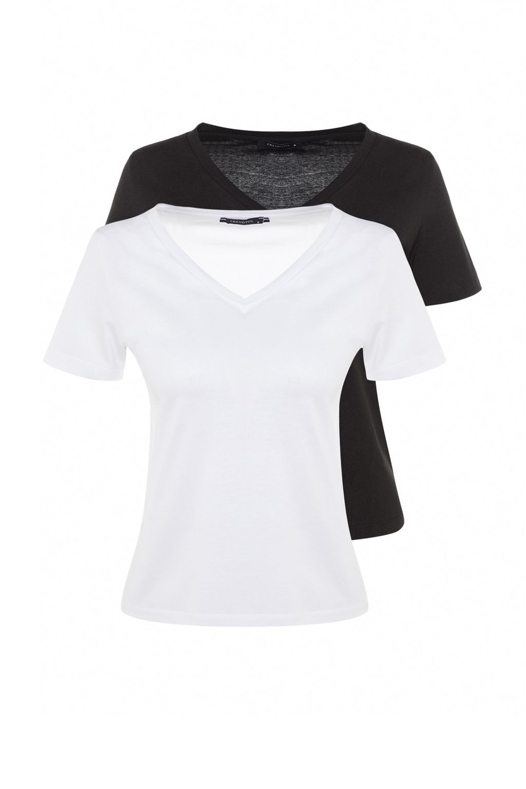 Siyah-Beyaz %100 Pamuk 2li Paket Basic V Yaka Orme T-Shirt TWOSS23TS00002