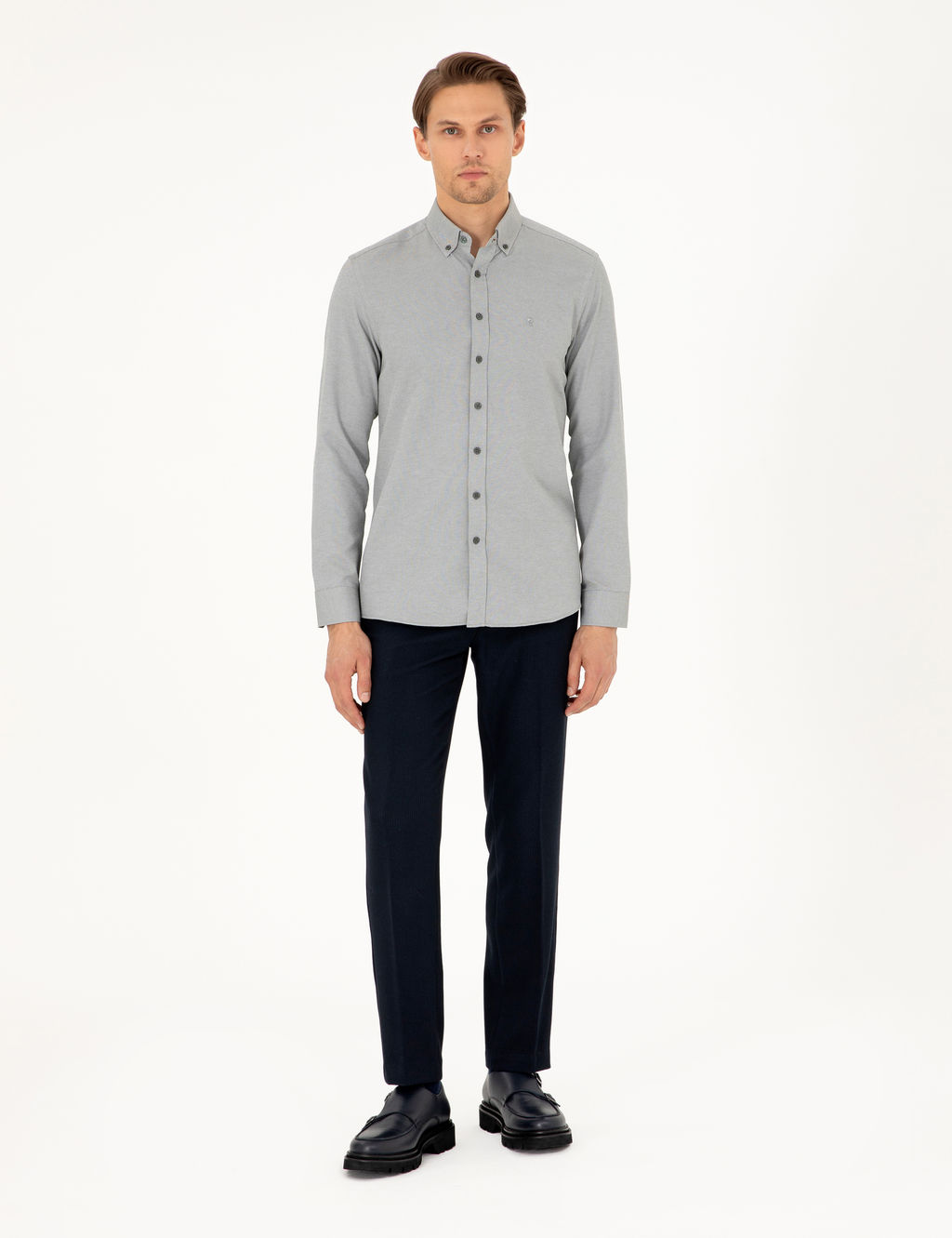 Haki Oxford Slim Fit Uzun Kollu G_mlek
