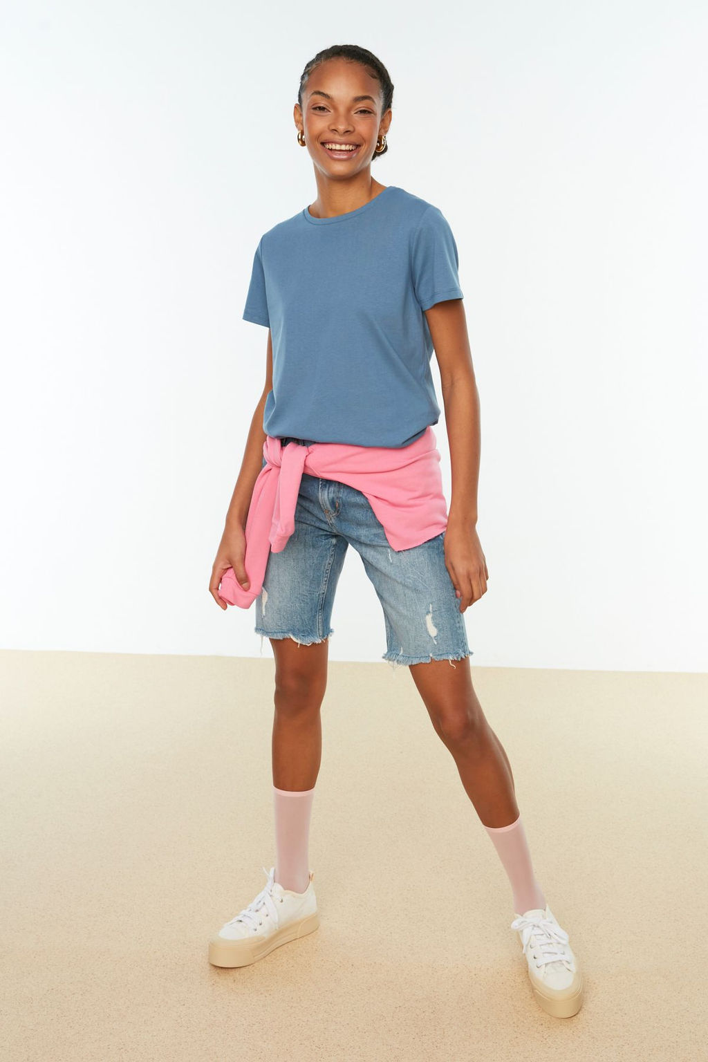 Indigo-Pembe %100 Pamuk 2li Paket Basic Bisiklet Yaka Orme T-Shirt TWOSS20TS0141