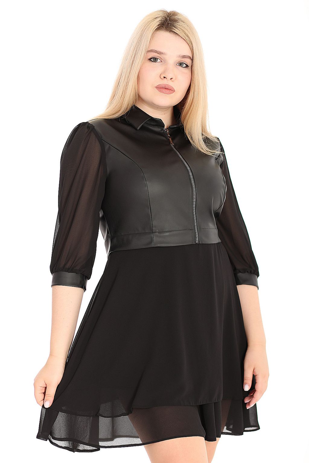 Стильное черное платье женское из шифона и экокожи - Almond фото 3