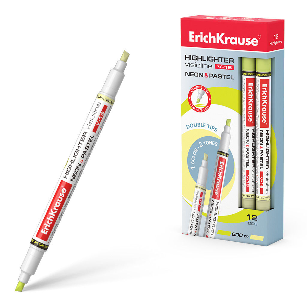 АКЦИЯ Цена за 12 шт. Двухсторонний текстмаркер ErichKrause Visioline V-16 Neon+Pastel, цвет чернил желтый (в коробке по 12 шт.)