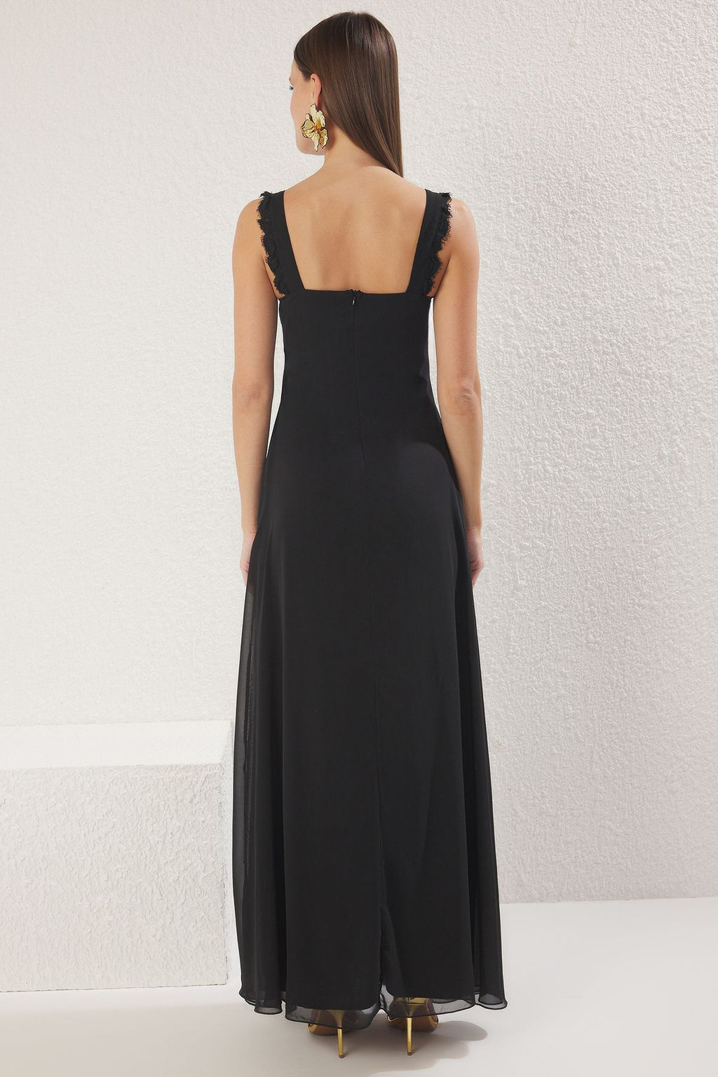 TRENDYOLMILLA Siyah A-Kesim Dantel Detayl? Sifon Dokuma Uzun S?k Abiye & Mezuniyet Elbise TPRSS25AE00169 фото 4