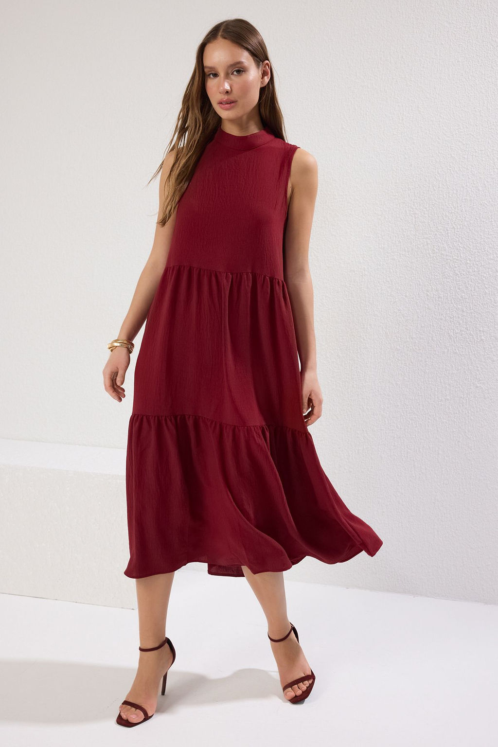 Bordo Shift/Duz Kesim Dik Yaka Midi Dokuma Elbise TWOSS20EL1864