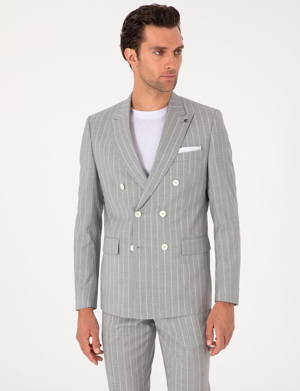 A__k Gri Slim Fit %100 Y_n _izgili Kruvaze Tak_m Elbise - Cacharel фото 3