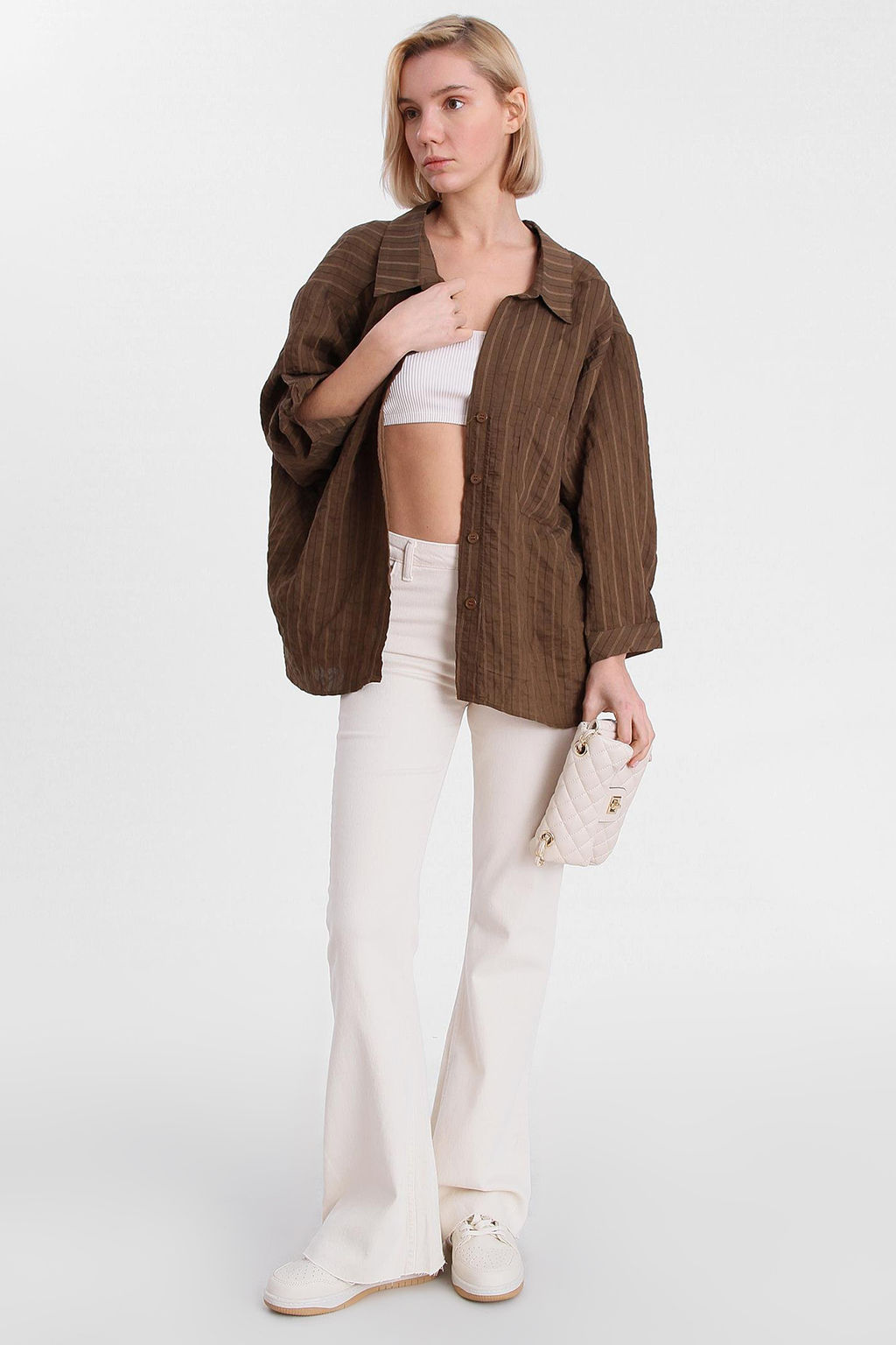 Kahverengi Cizgili Oversize/Genis Kal?p Dokulu Gomlek TWOAW26GO00083