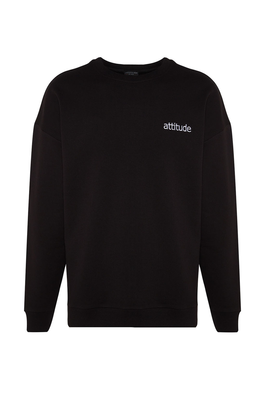 Siyah Premium Bisiklet Yaka Oversize/Genis Kesim Yaz? Nak?sl? Sardonsuz Sweatshirt TMNAW24SW00039