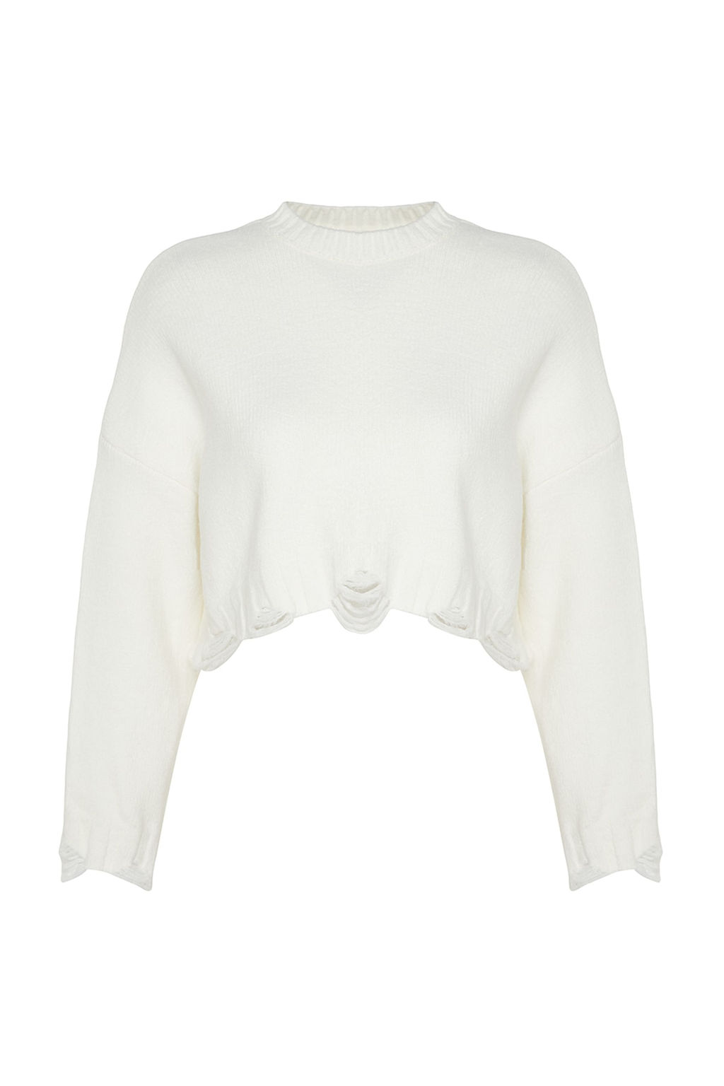 Ekru Crop Genis Kal?p Yumusak Dokulu Ak?tma Detayl? Triko Kazak TWOAW24KZ00319