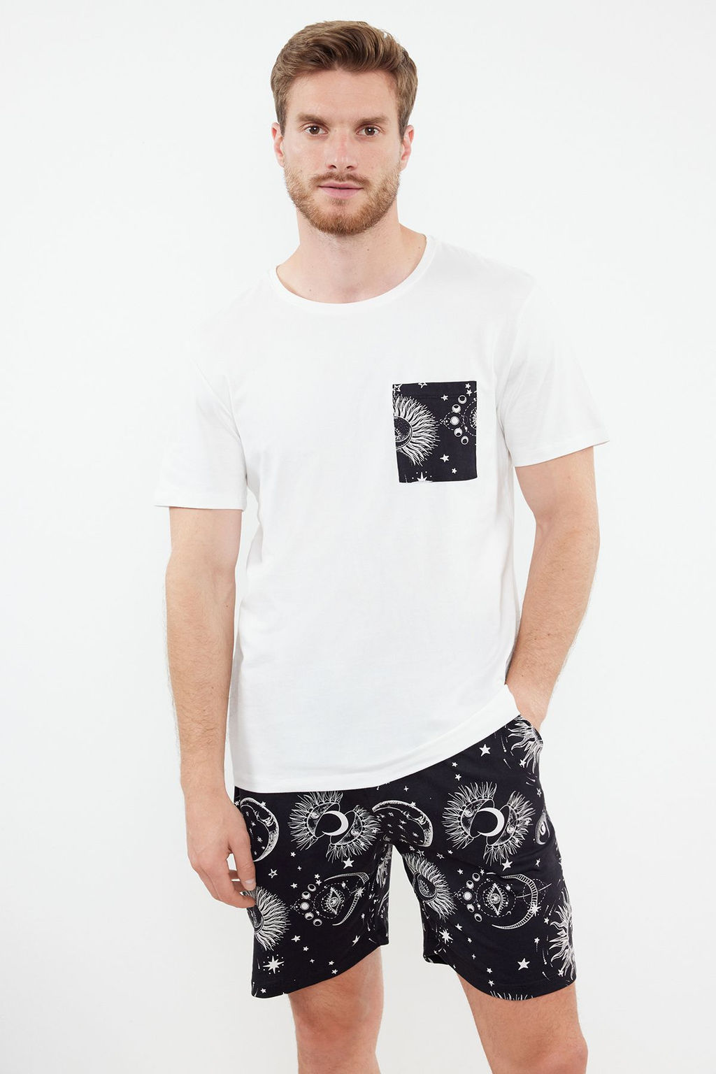 TRENDYOL MAN Ekru Mavi Bask?l? Regular Fit Couple/Cift Orme Sortlu Pijama Tak?m? TMNSS24PT00018 - Trendyolmilla фото 14