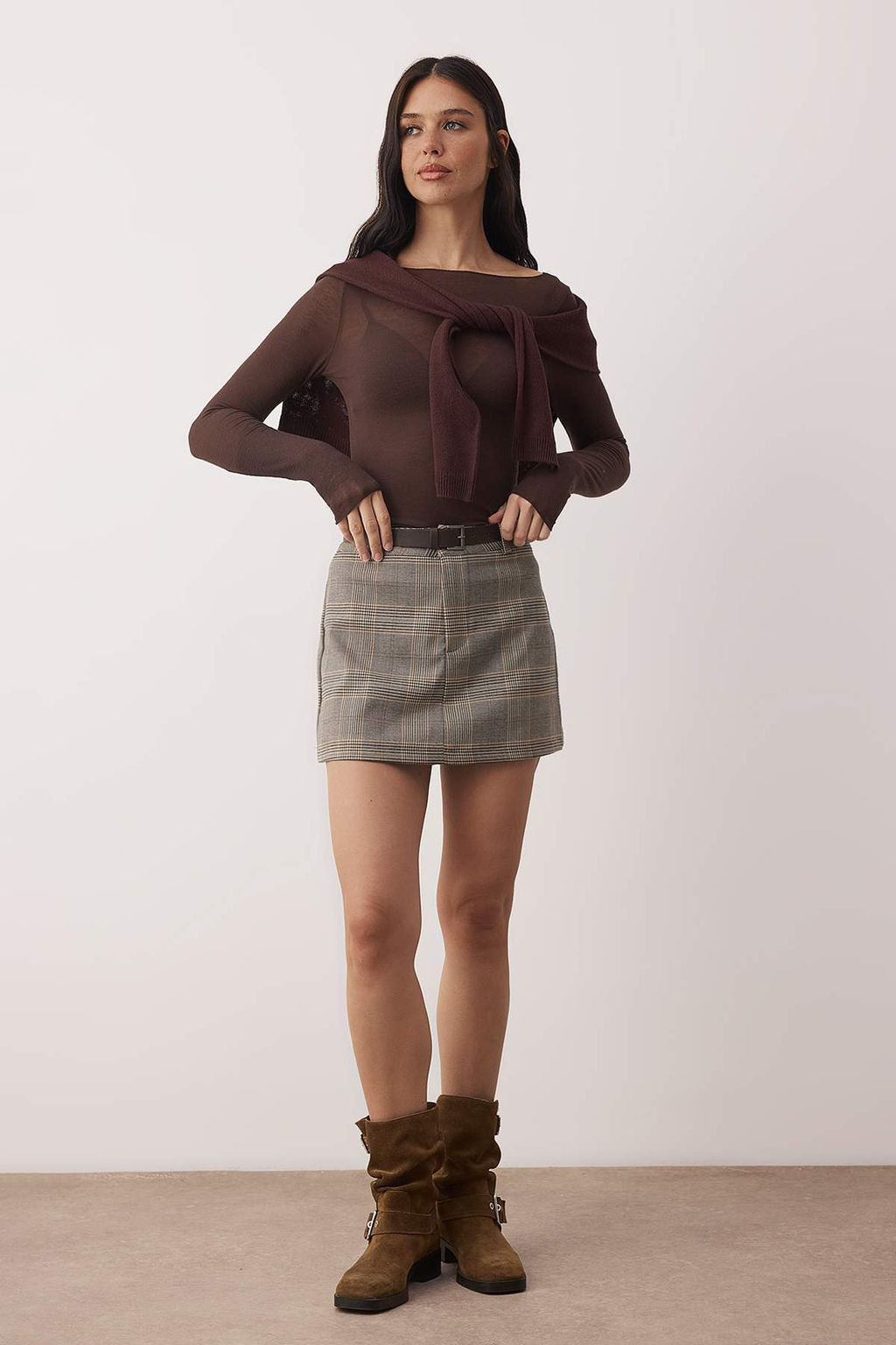 Kahverengi Kemerli Mini Ekoseli Dokuma Sort Etek TWOAW26ET00166