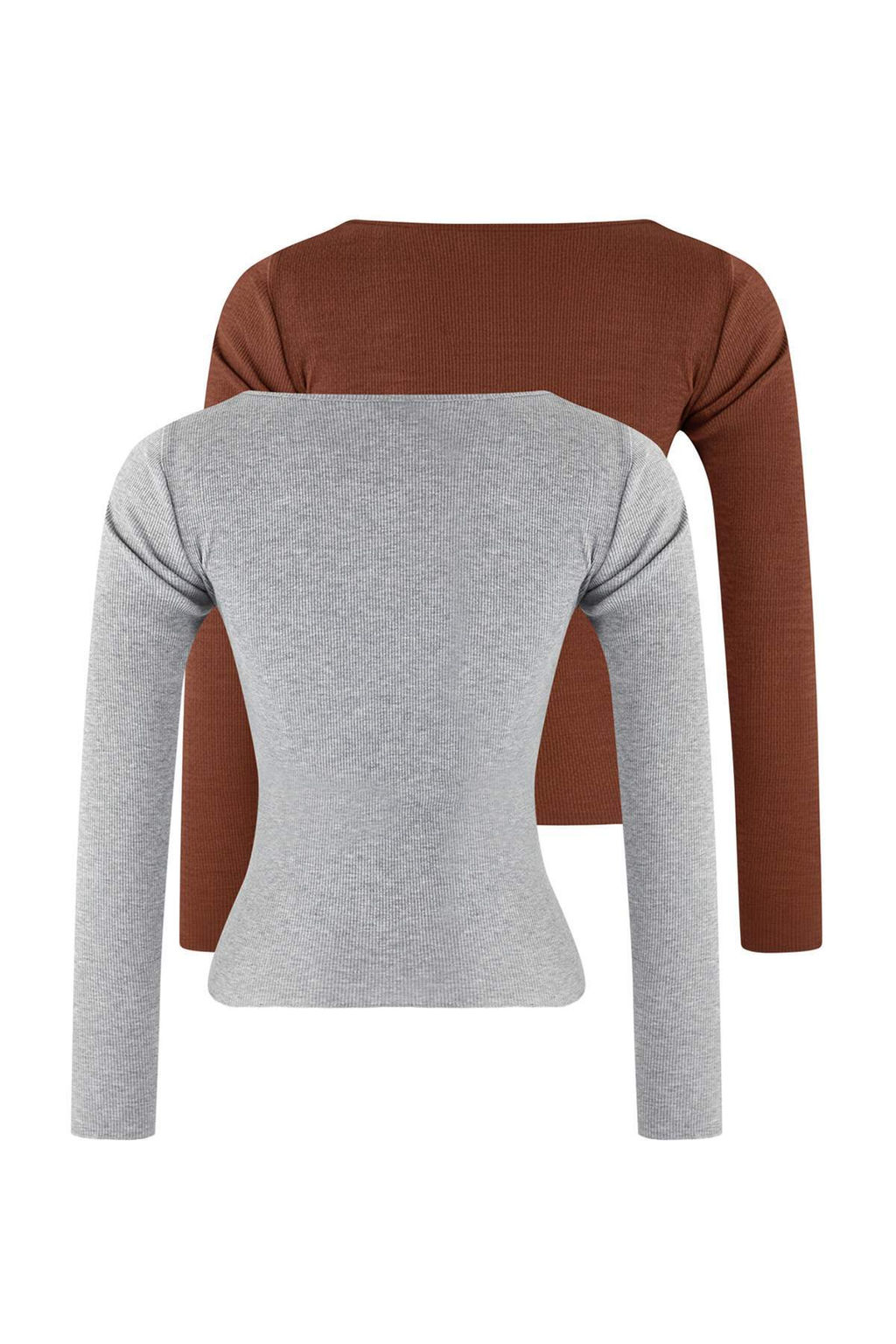 Kahverengi-Gri Melanj 2li Paket V Yaka Fitted/Vucuda Oturan Pamuklu Esnek Orme Bluz TWOAW24BZ00068