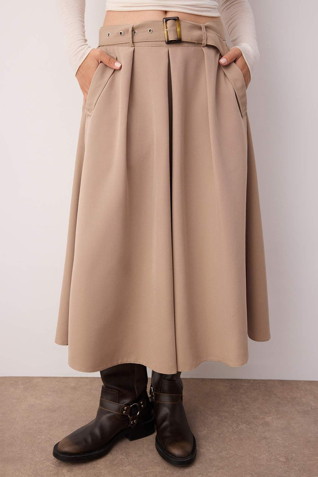 Bej Kemerli Dokuma Midi Etek TWOAW26ET00034 - Trendyolmilla фото 4