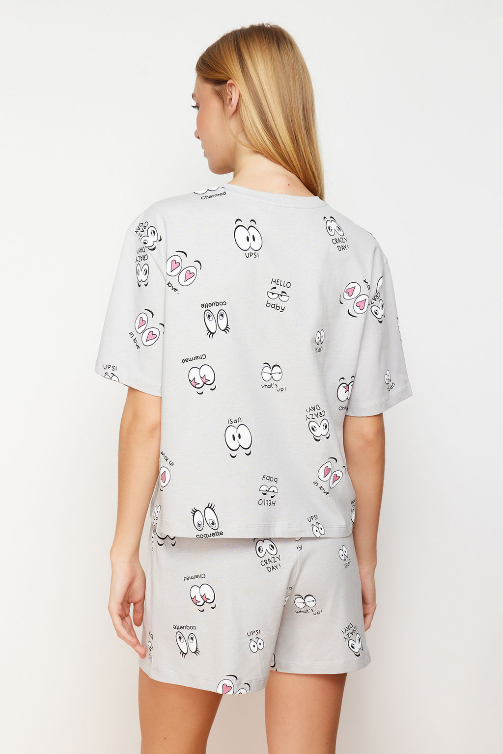 Trendyolmilla Gri %100 Pamuklu Eglence Desenli Sortlu Orme Pijama Tak?m? THMSS24PT00024  фото 5