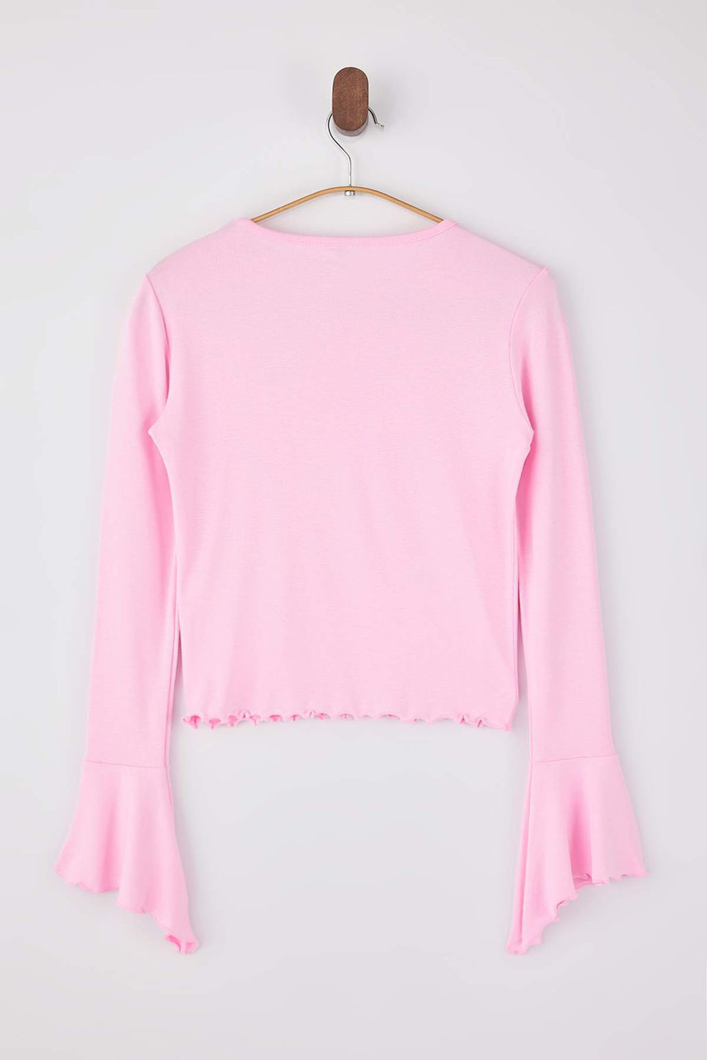 Ac?k Pembe Fitted/Vucuda Oturan Volanl?/F?rf?rl? Yumusak Orme Bluz TWOSS26BZ00152