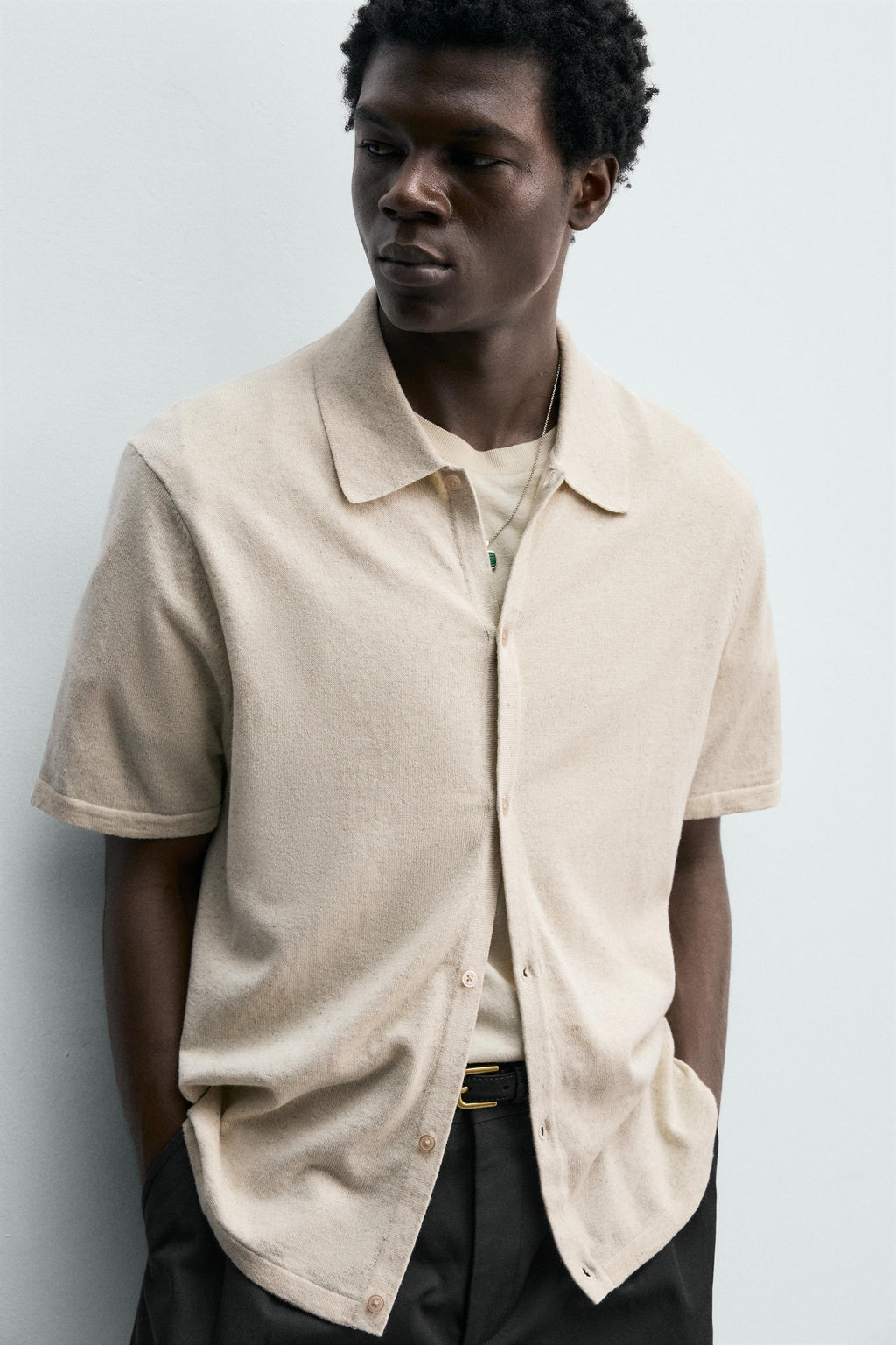 CAMISA PUNTO ALGOD?N - LINO / tostado - Zara фото 5