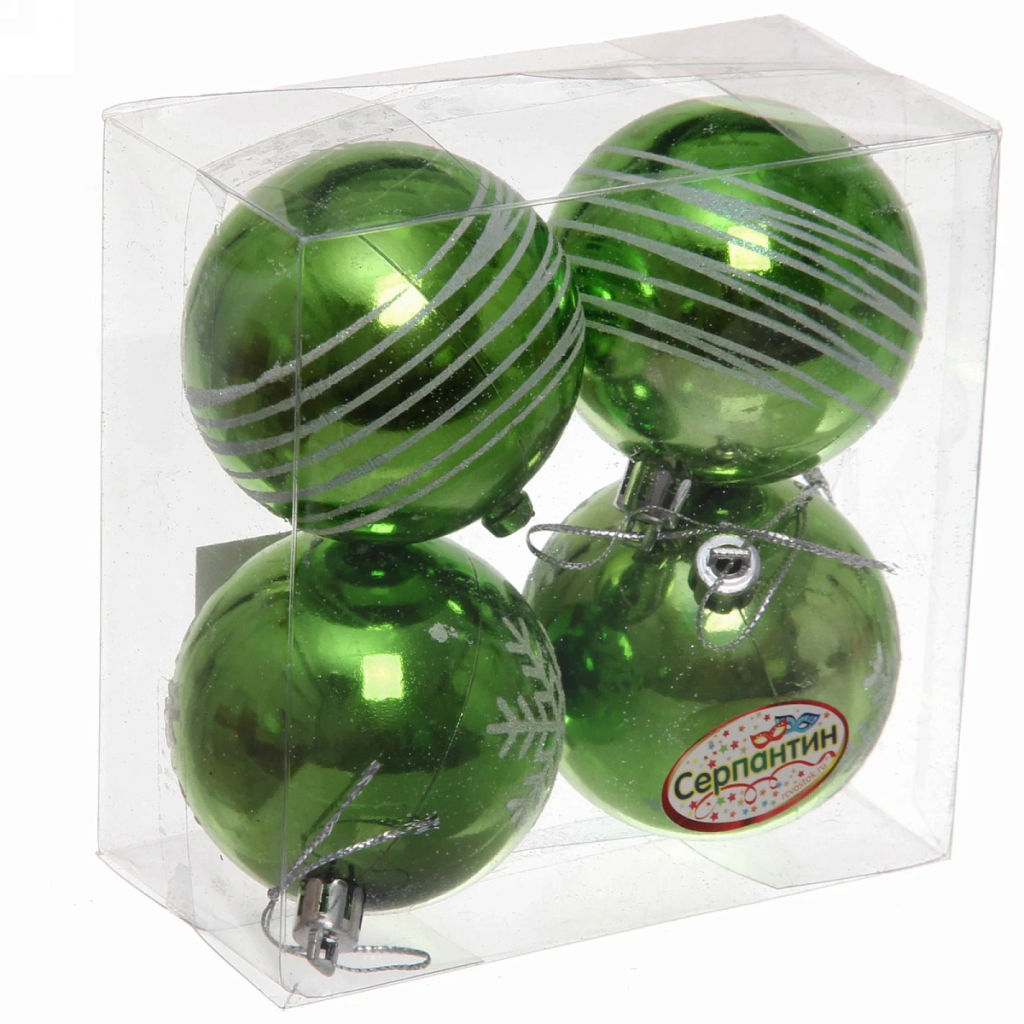 Цена за 2шт. Новогодние шары 6 см (набор 4 шт) "Снежные нити", салатовый/белый