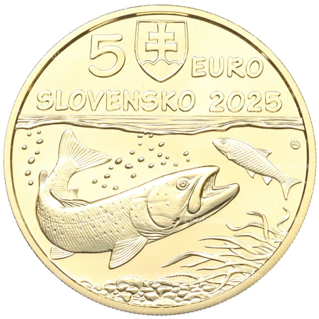 Монета 5 евро 2025 года Словакия Фауна и флора Словакии Дунайский лосось